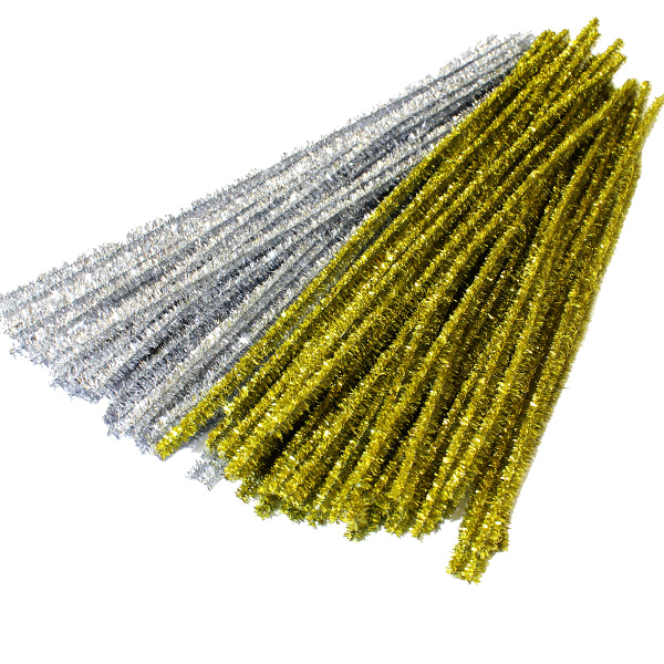 Gold and Silver Glitter Pipe Cleaners 300mm - 100 Pack, Collage Materials